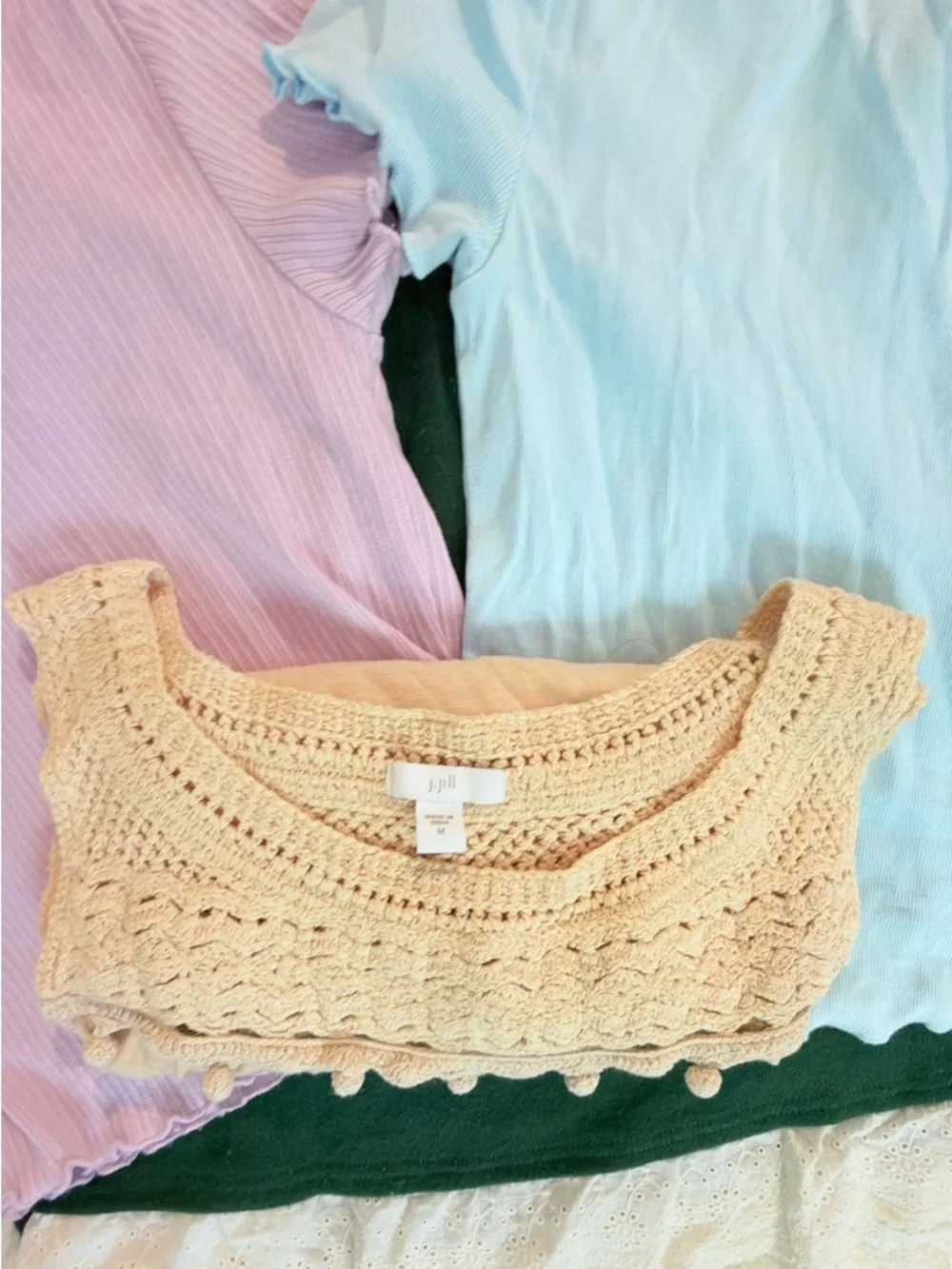 Bundle 4 Women’s Tops Sz M: J. Jill Crochet Tank, Umgee, Ribbed Tees - Mixed